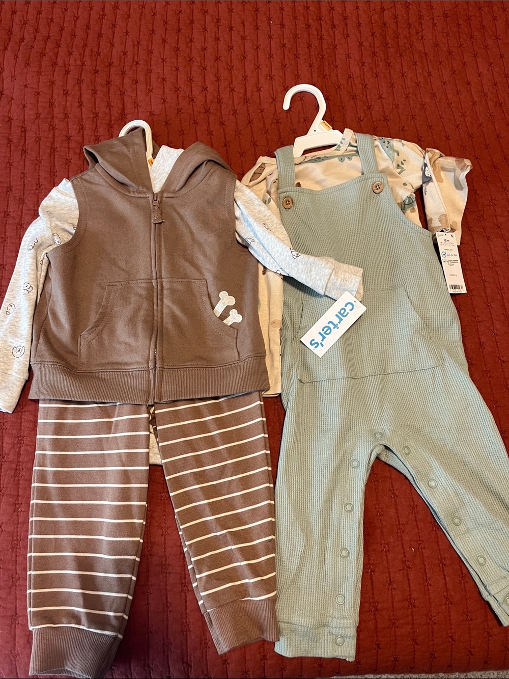 Carter's Green Ribbed Overalls and Brown Hoodie Set (2 outfits NWT)